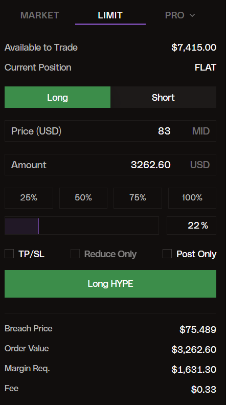 Hypernovaの注文前画面（Crypto・HYPEの指値注文）のFee表示
